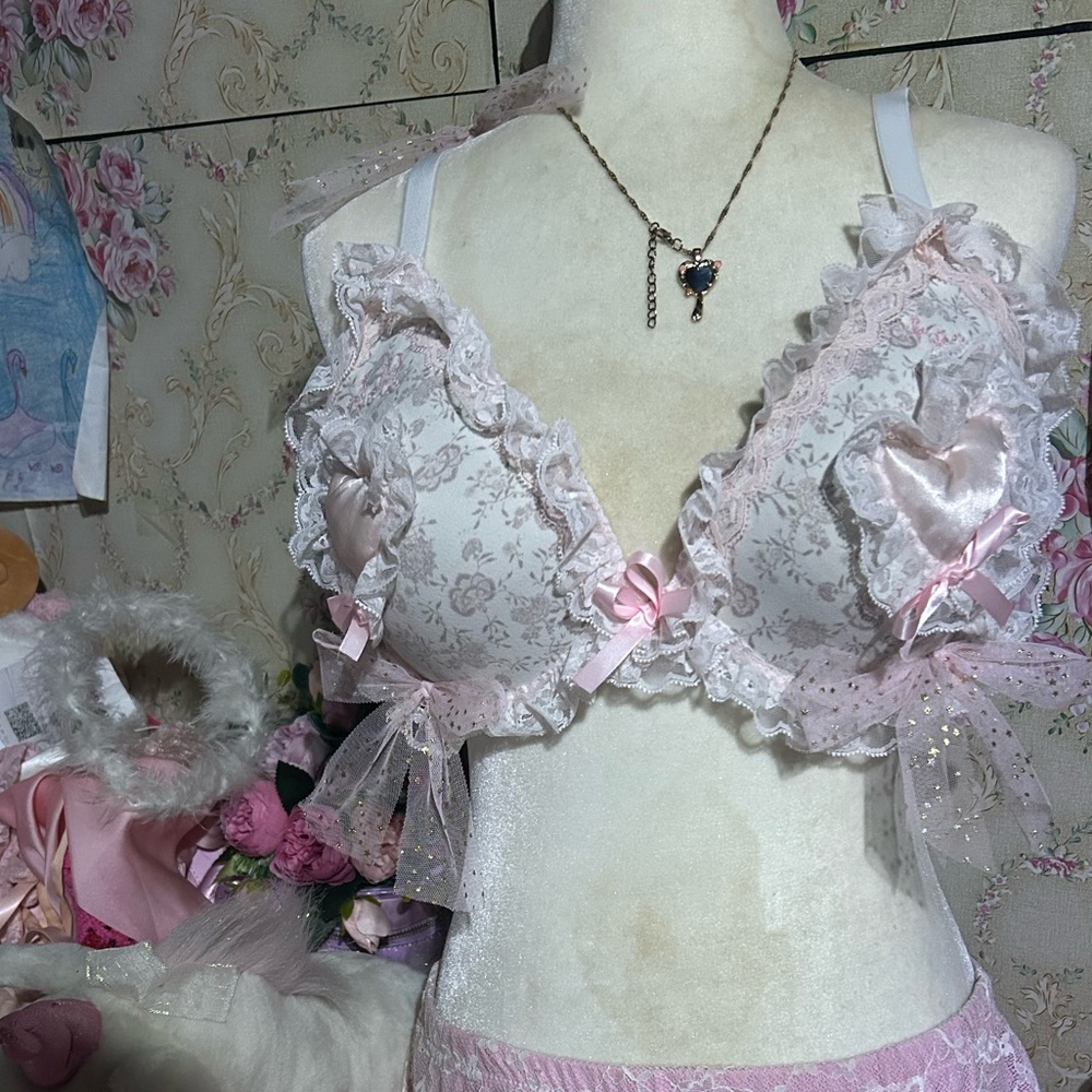 I have only a doll heart 🎀🪽 ooak upcycled bra frilly dolly  pink bows cute